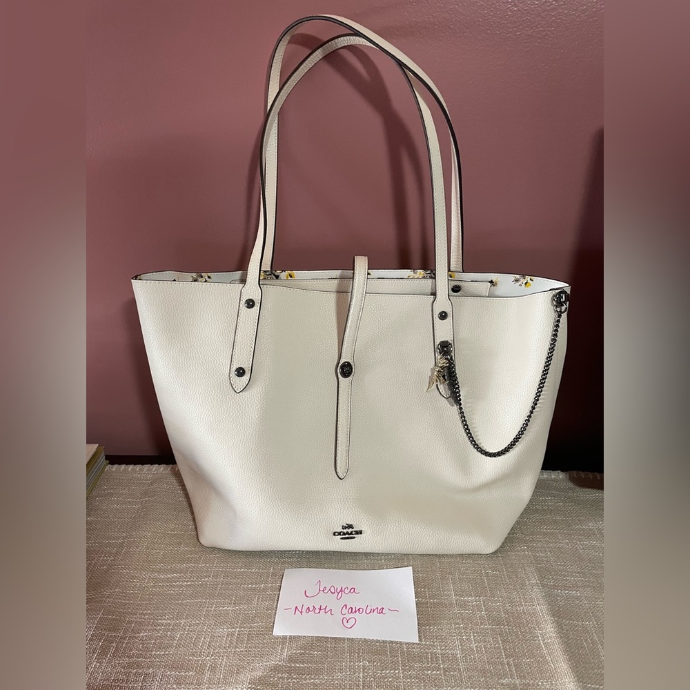 COACH Market Tote Chalk Prairie Print With Rexy & Feather Charms!